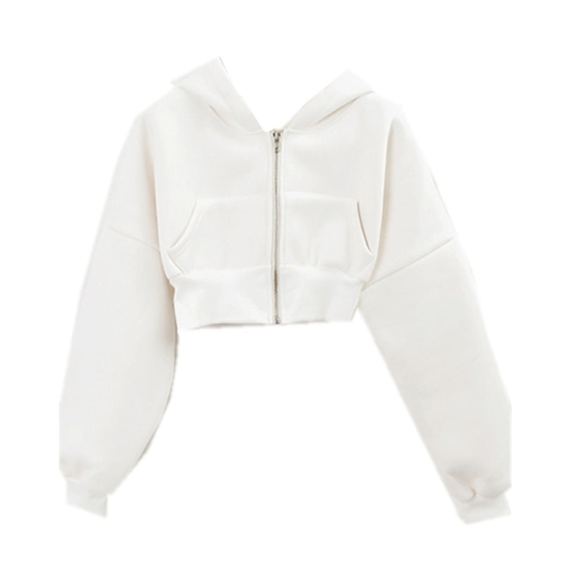 2023 spring and autumn new Korean style personality street pure color thin hooded cardigan zipper short sweater simple casual 3 colors