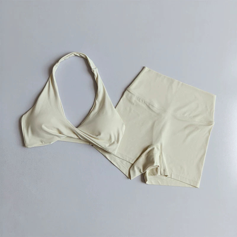 Sexy Yoga Set, Skin-friendly & Breathable Backless Halter Sports Crop Top & Slim-fit Shorts, Gym Training Activewear