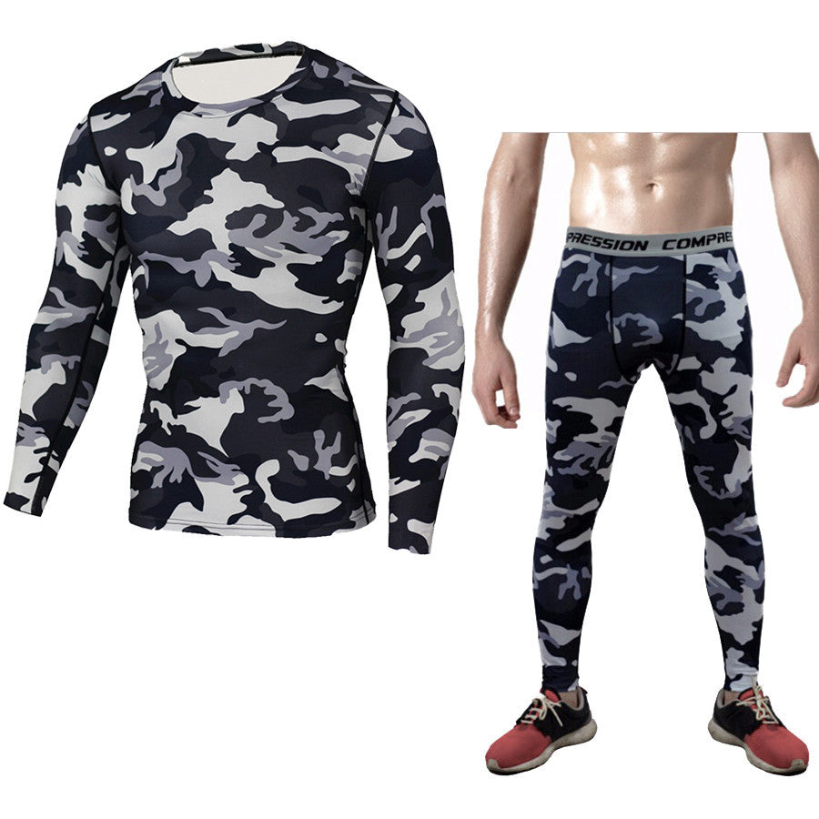 Long-sleeved t-shirt set tights fitness clothes men's sports super cool outdoor camouflage quick-drying sweatshirt 9 colors