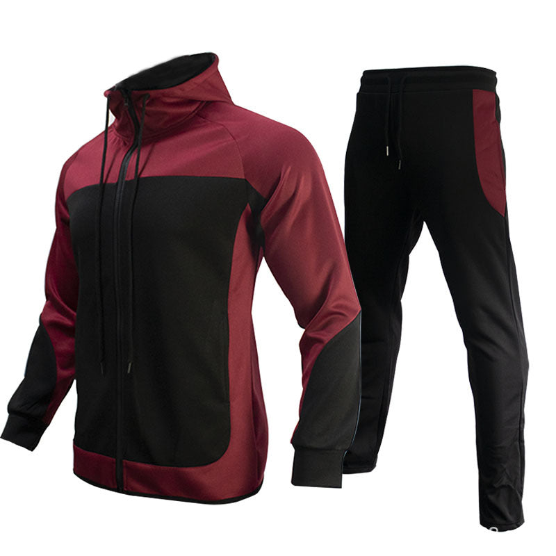 Men's fashion trendy brand contrast color sweater two-piece hooded autumn jacket sportswear casual clothes suit 10 colors