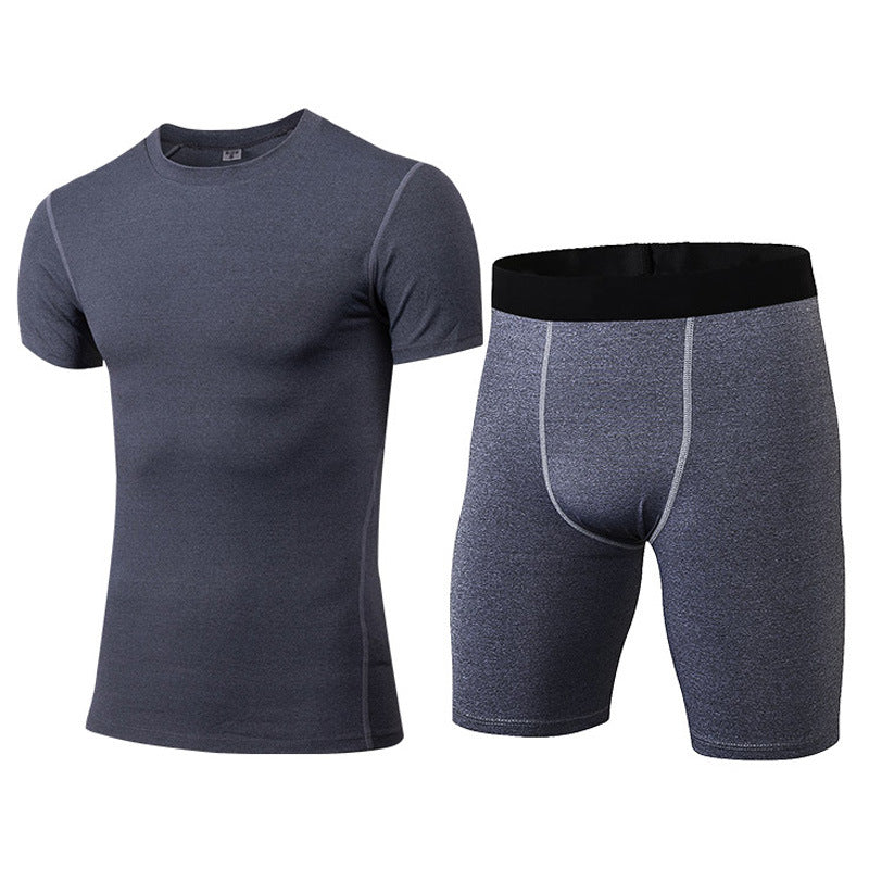 1003+1004 Men's PRO Tight Training Clothes Sports Fitness Suit Perspiration Quick-drying Short Sleeves + Shorts