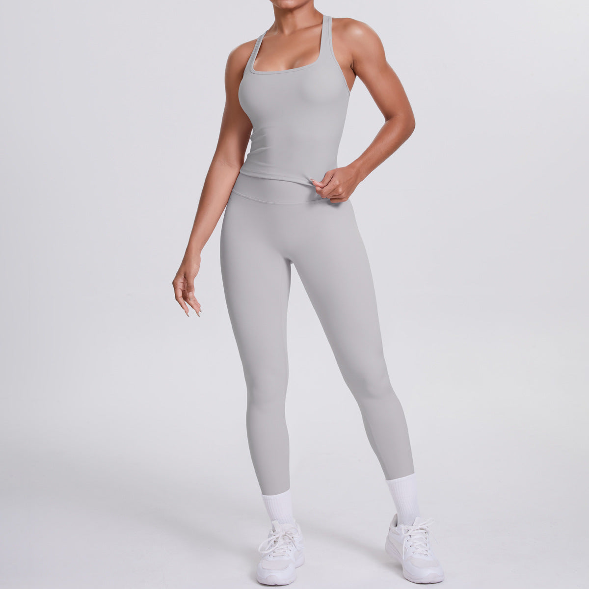 Solid Color Brushed Double-Sided Fitted Ribbed Racerback Sports Set, 2-Piece Yoga Outfit for Running & Fitness