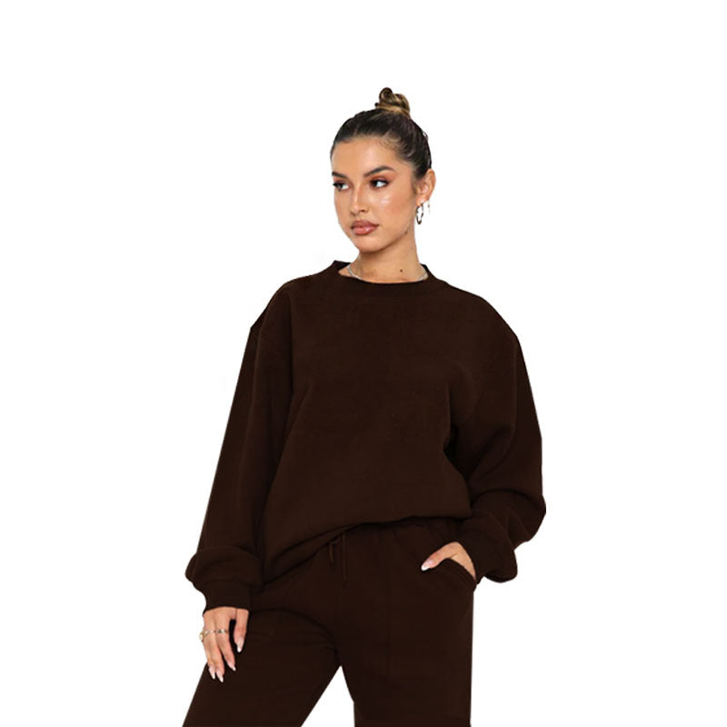 211257 fleece crew-neck pullover long-sleeved hoodie pant set 7colors