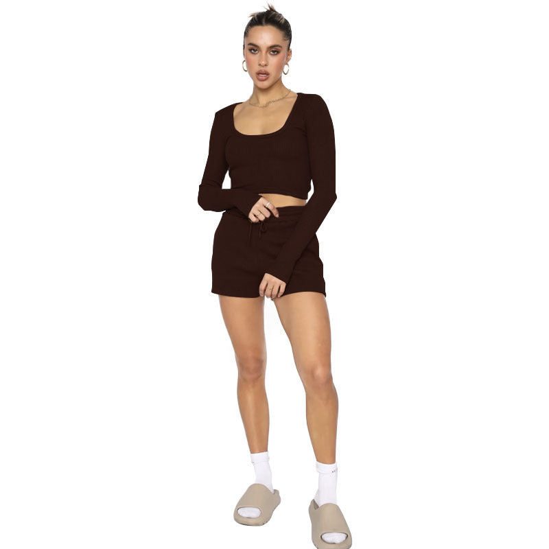 211277 Waffle solid color U-neck long sleeve short fashion casual shorts set 7 colors