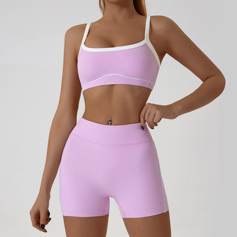 Nude high stretch yoga suit color bra suspender hip fitness line shorts outdoor sports suit female