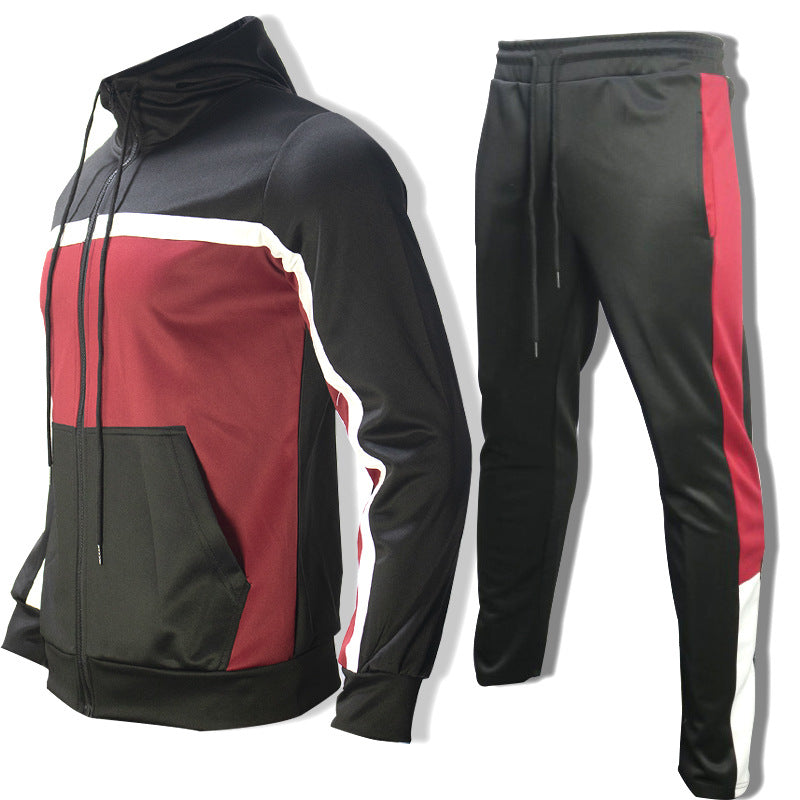 Men's fashion trendy brand contrast color sweater two-piece hooded autumn jacket sportswear casual clothes suit 10 colors