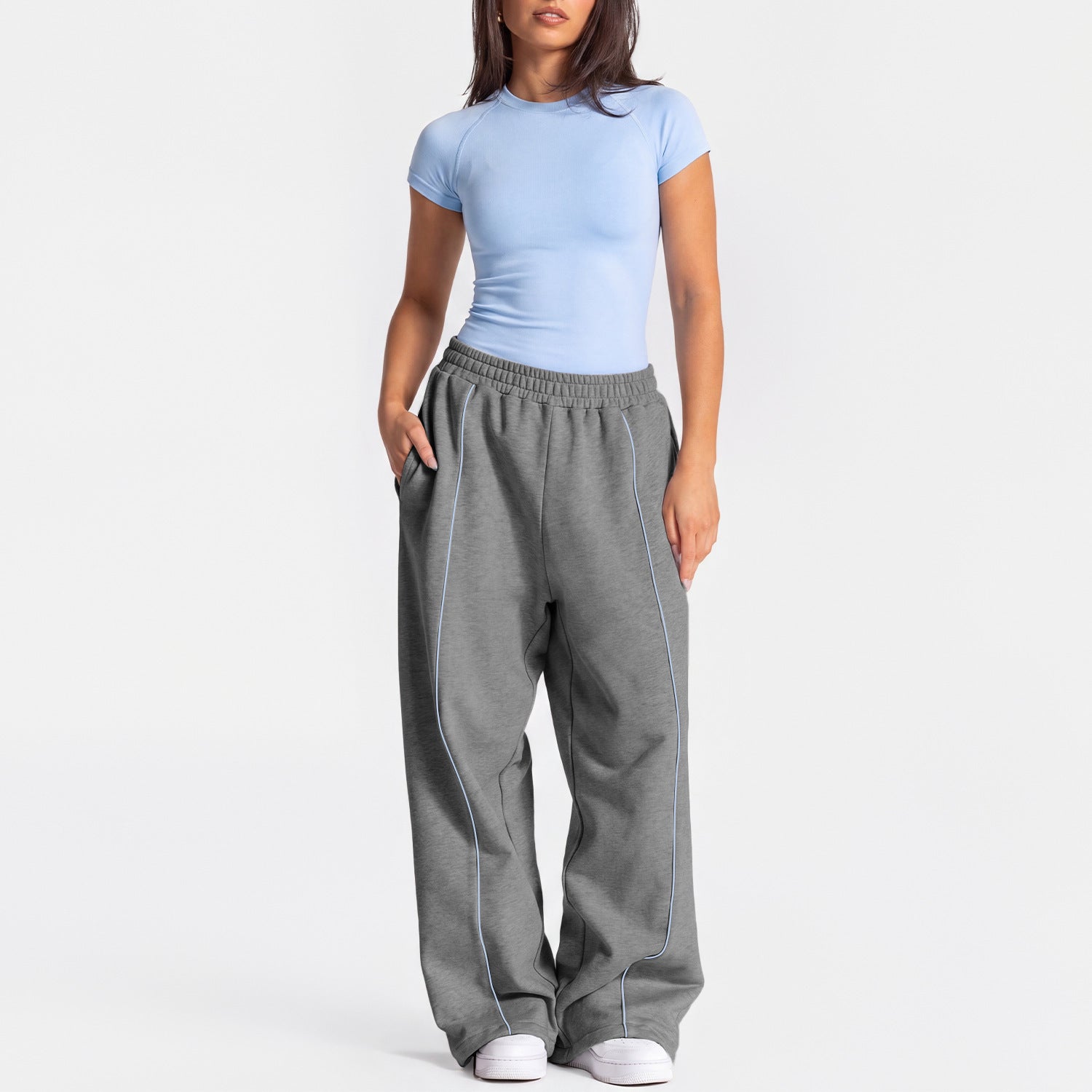Women Loose Wide Leg Sweatpants Straight Casual Trousers Yoga Outfit Set, European & American Style Short Sleeve Sports Top