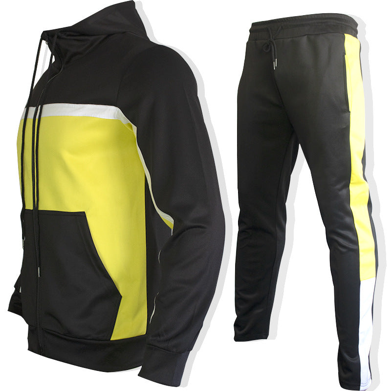 Men's fashion trendy brand contrast color sweater two-piece hooded autumn jacket sportswear casual clothes suit 10 colors