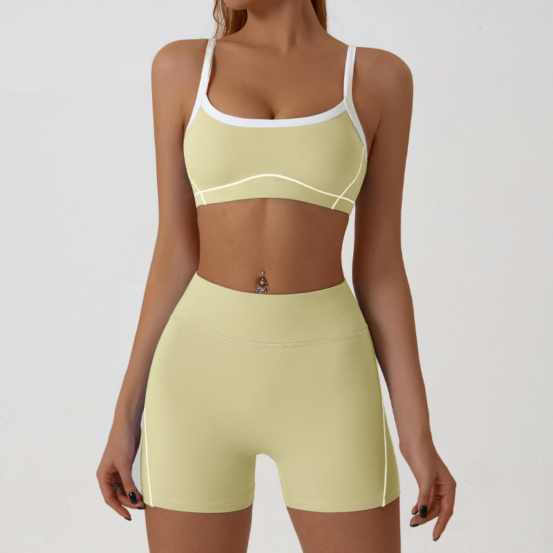 Nude high stretch yoga suit color bra suspender hip fitness line shorts outdoor sports suit female