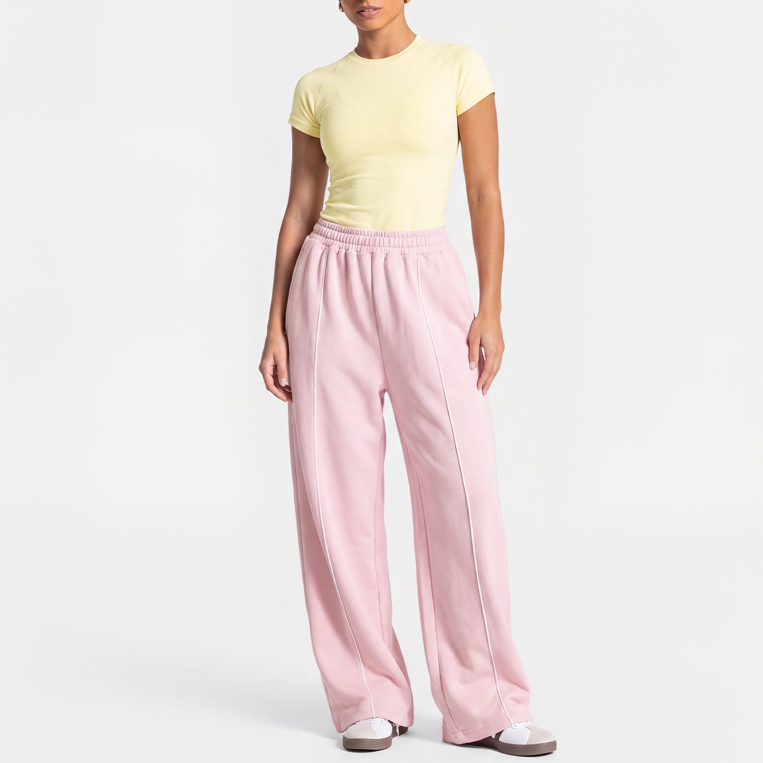 Women Loose Wide Leg Sweatpants Straight Casual Trousers Yoga Outfit Set, European & American Style Short Sleeve Sports Top
