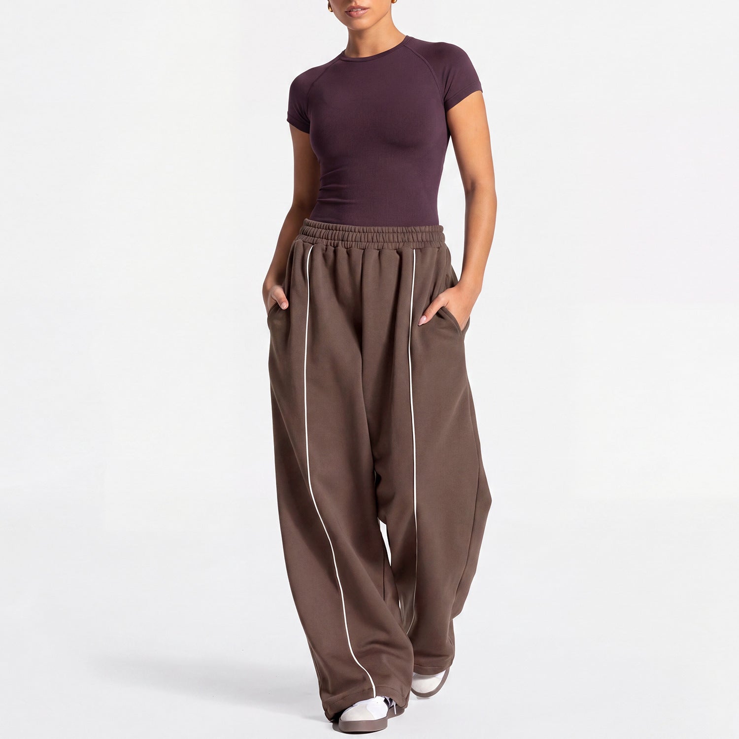 Women Loose Wide Leg Sweatpants Straight Casual Trousers Yoga Outfit Set, European & American Style Short Sleeve Sports Top