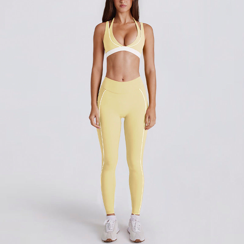 Color Block Striped Running Shorts & V-Neck Halter Sports Bra Yoga Set