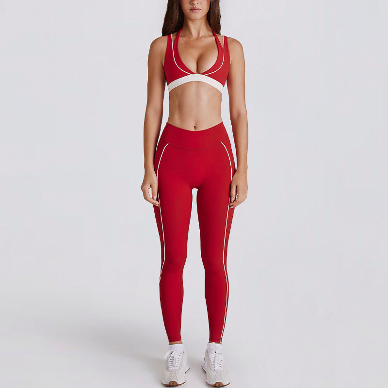 Color Block Striped Running Shorts & V-Neck Halter Sports Bra Yoga Set