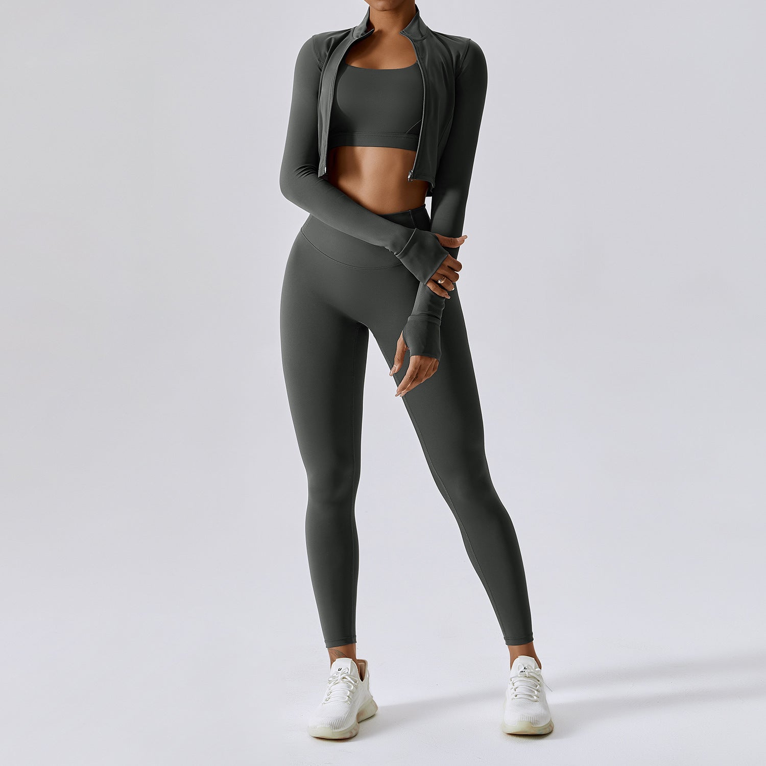 Outdoor sports tight yoga suit nude sense fitness suit shockproof high waist yoga suit three-piece set 8047