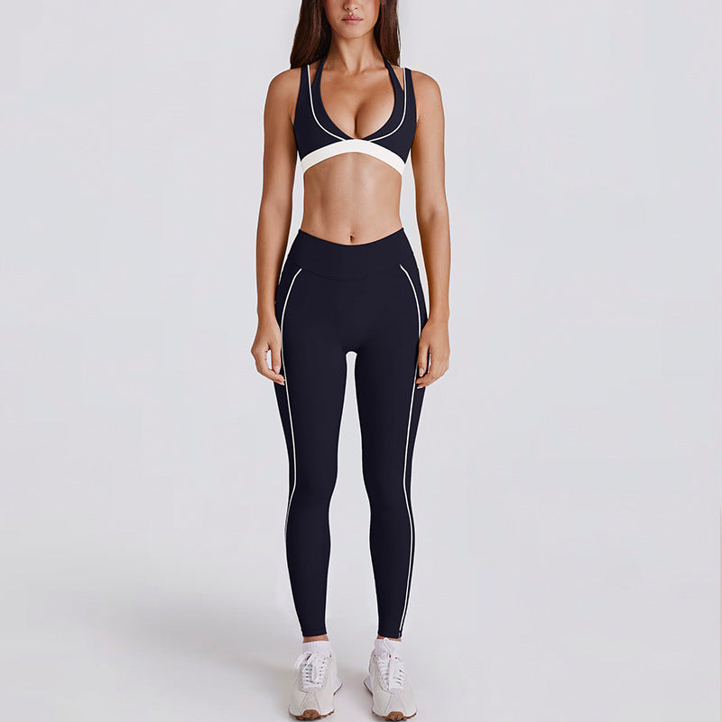 Color Block Striped Running Shorts & V-Neck Halter Sports Bra Yoga Set