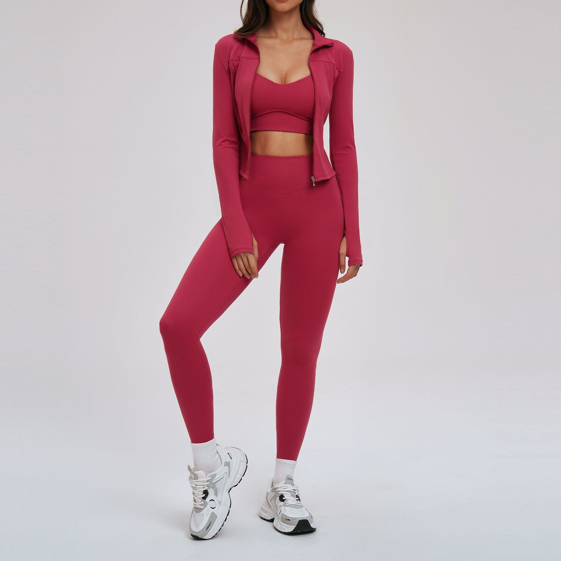 Women yoga suit skintight slim back outdoor fitness suit running exercise three-piece set 7025