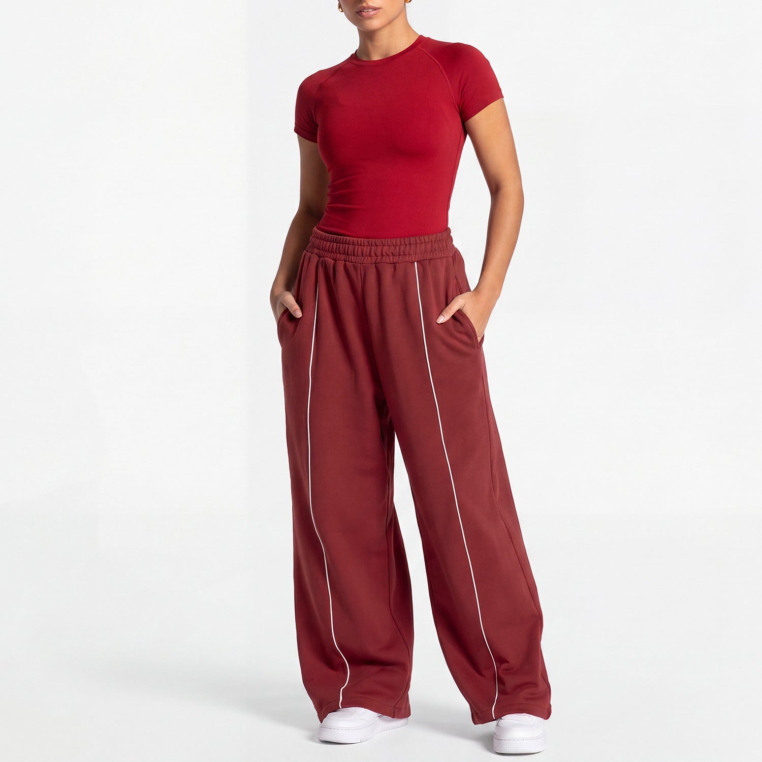 Women Loose Wide Leg Sweatpants Straight Casual Trousers Yoga Outfit Set, European & American Style Short Sleeve Sports Top