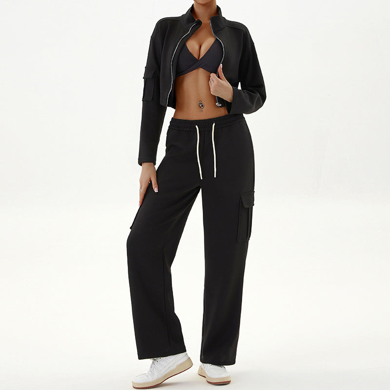 Cargo casual sports set loose with zipper two-piece yoga suit