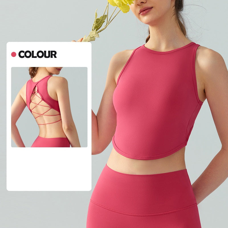 Yoga vest sexy cross backless fixed cup fitness top 4 colors