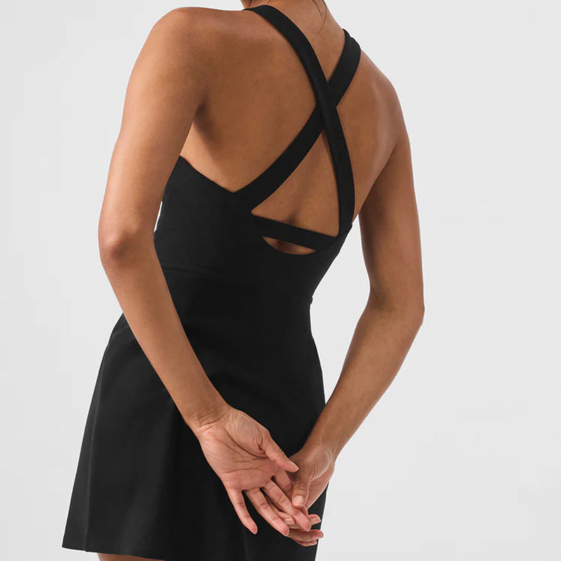 Nude collar tennis skirt Removable breast pad anti-exposure one-piece tennis outdoor sports