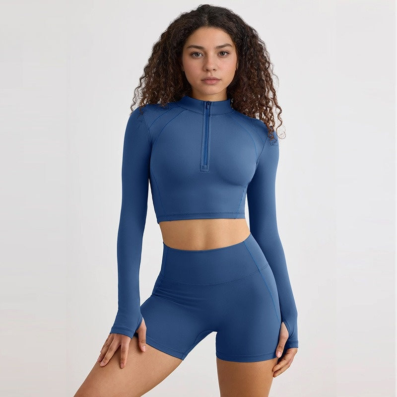 Half zip long sleeve yoga shorts suit