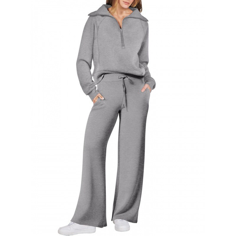 Zipper long-sleeved hoodie wide-leg pants two-piece set 12colors