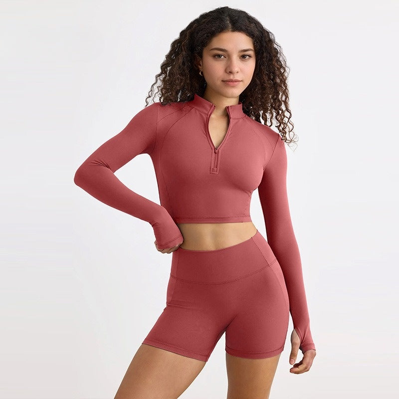 Half zip long sleeve yoga shorts suit