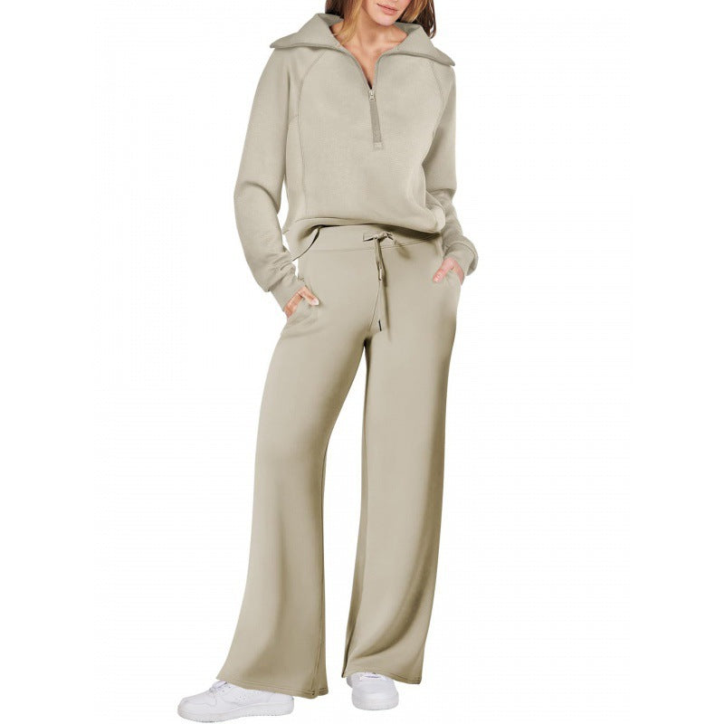 Zipper long-sleeved hoodie wide-leg pants two-piece set 12colors