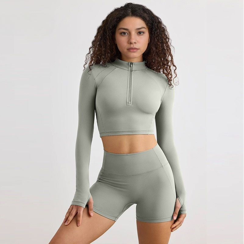 Half zip long sleeve yoga shorts suit