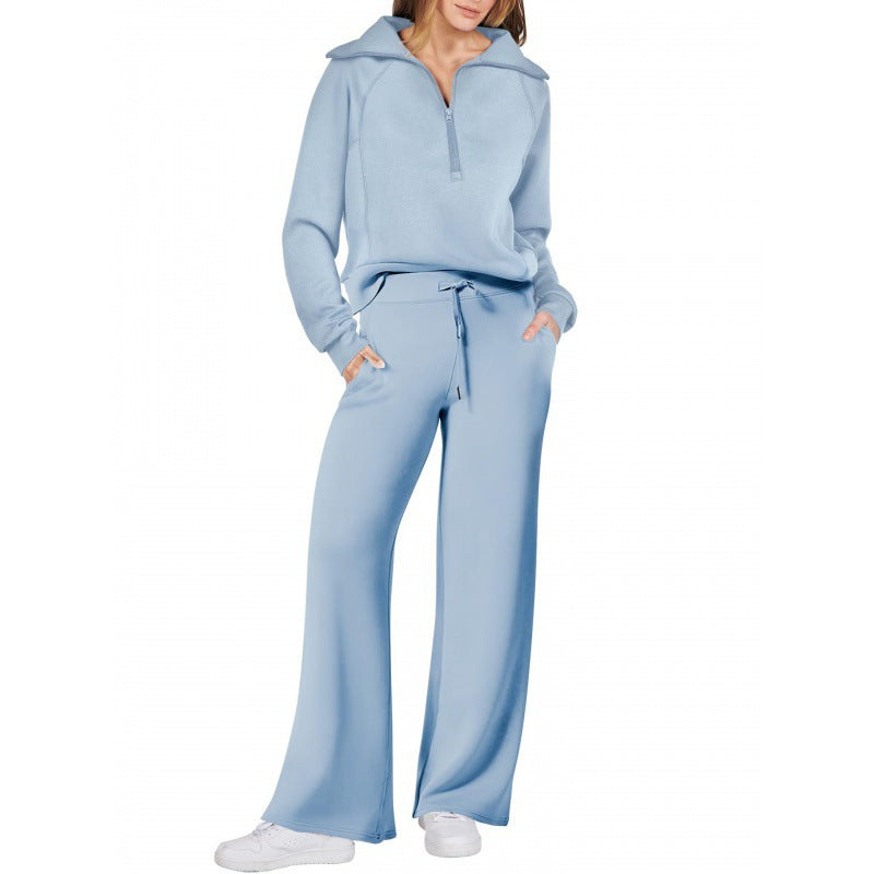 Zipper long-sleeved hoodie wide-leg pants two-piece set 12colors