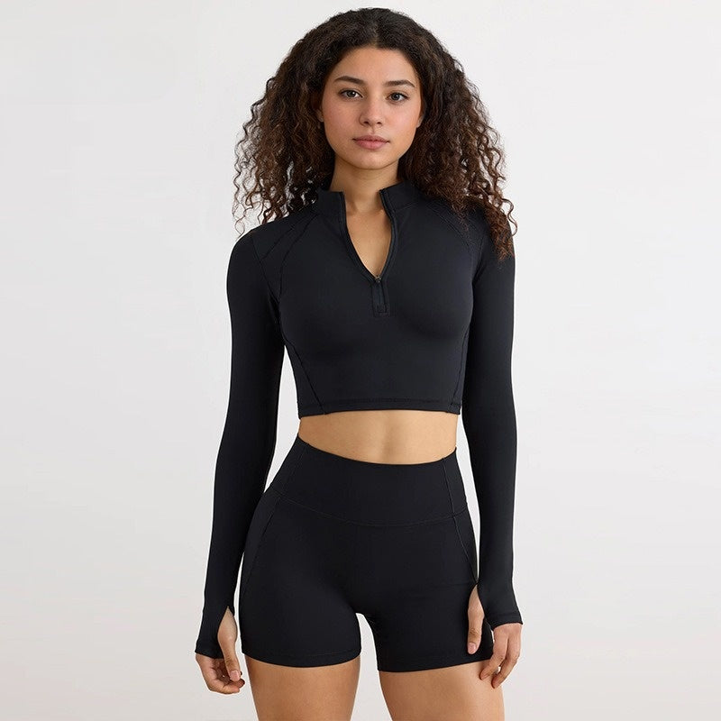 Half zip long sleeve yoga shorts suit