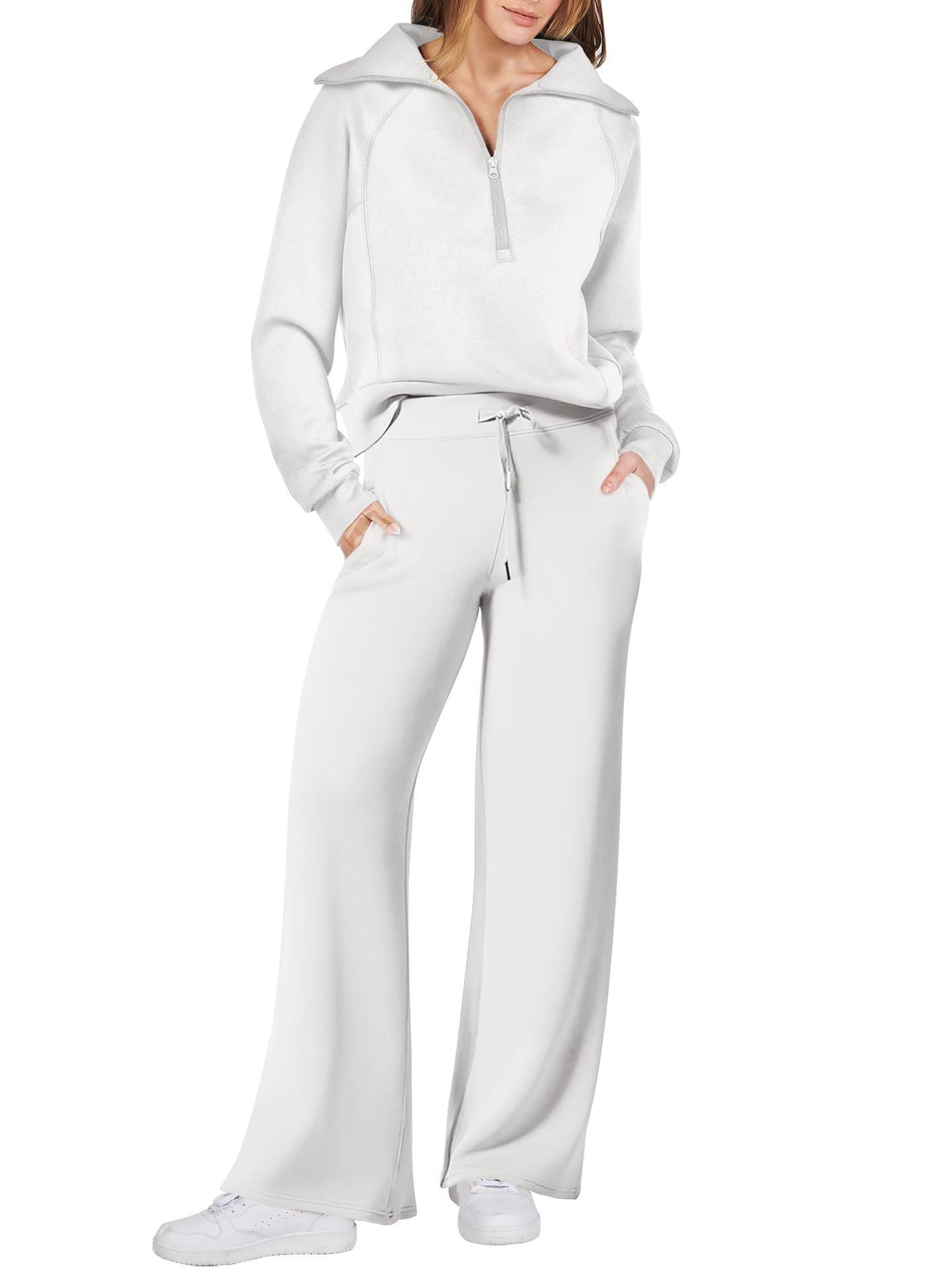 Zipper long-sleeved hoodie wide-leg pants two-piece set 12colors