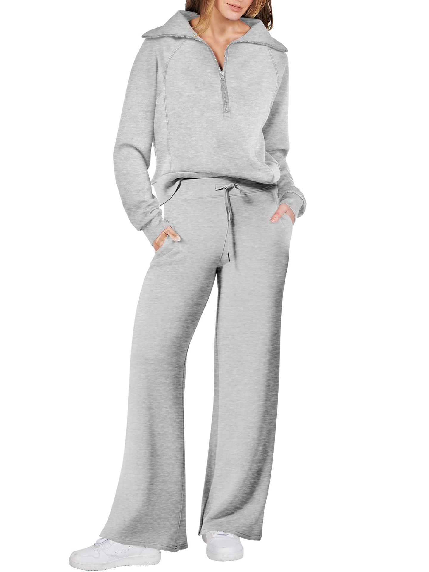Zipper long-sleeved hoodie wide-leg pants two-piece set 12colors