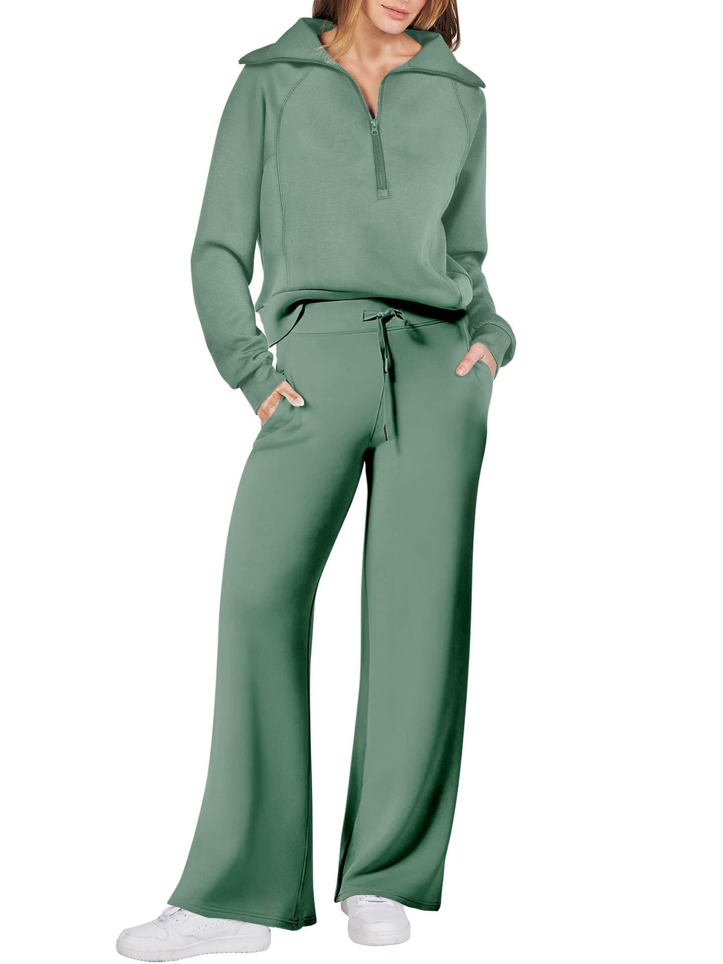 Zipper long-sleeved hoodie wide-leg pants two-piece set 12colors
