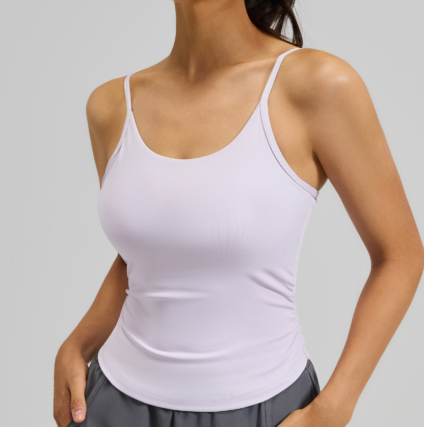 Women Waist Cinched Ruched Yoga Cami Bra, Shockproof Fixed Padding Fitness Sports Top