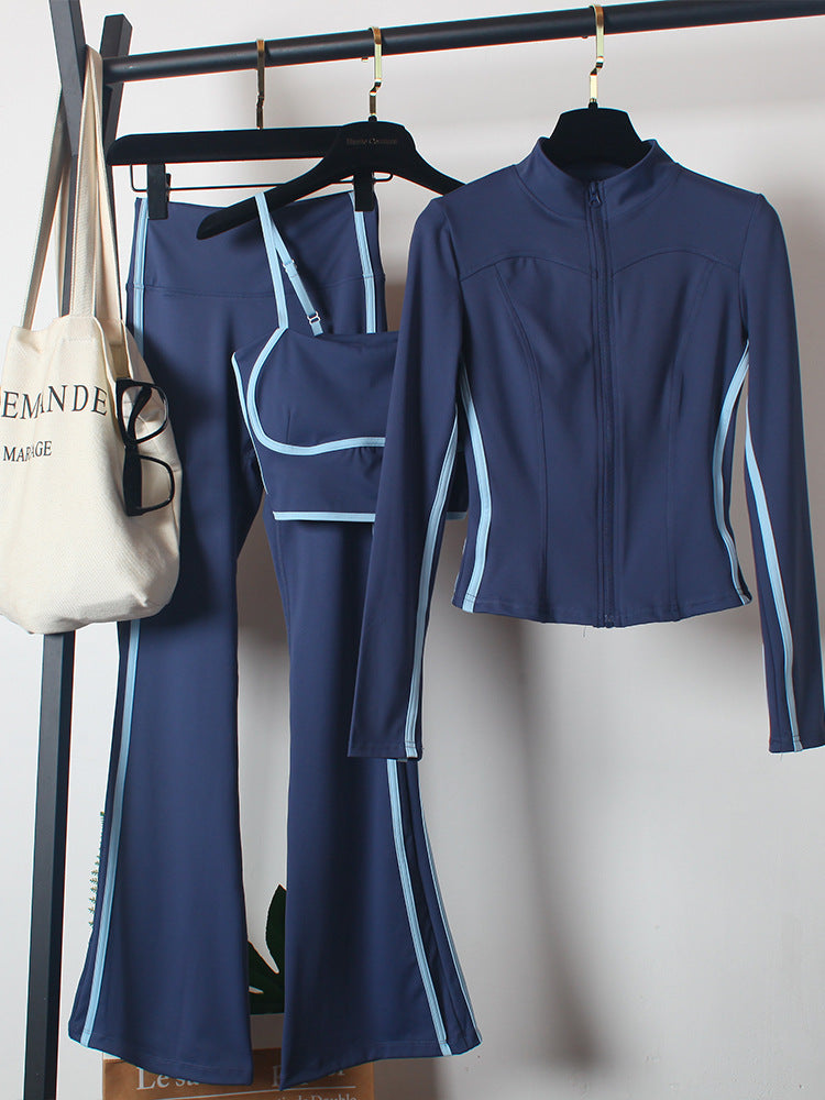 High-Waisted Flared Yoga Pants 3-Piece Zipper Set Women Slim Fit Running Tracksuit
