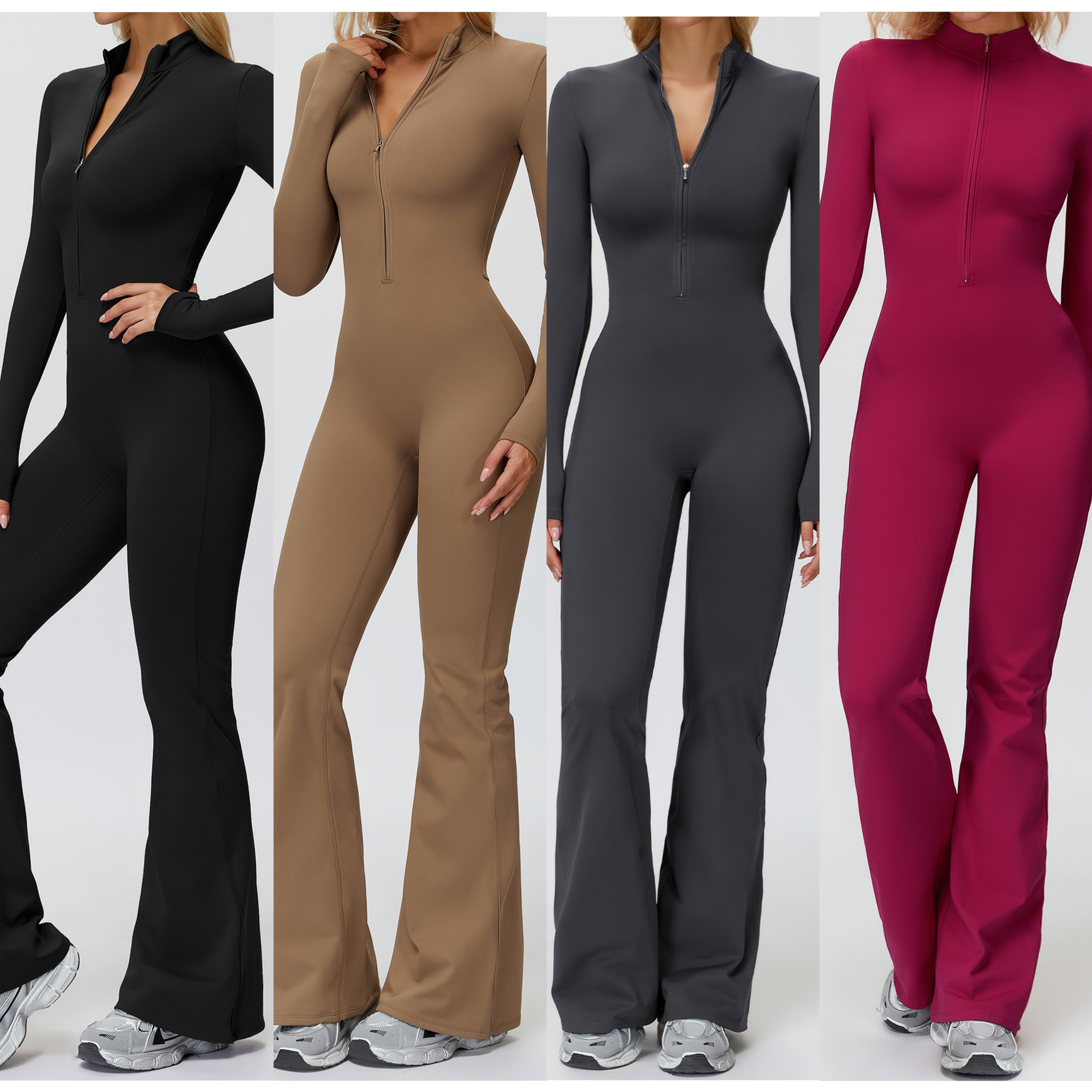 Autumn and winter velvet onesie One-piece stand collar warm yoga wide leg running fitness wear 9527