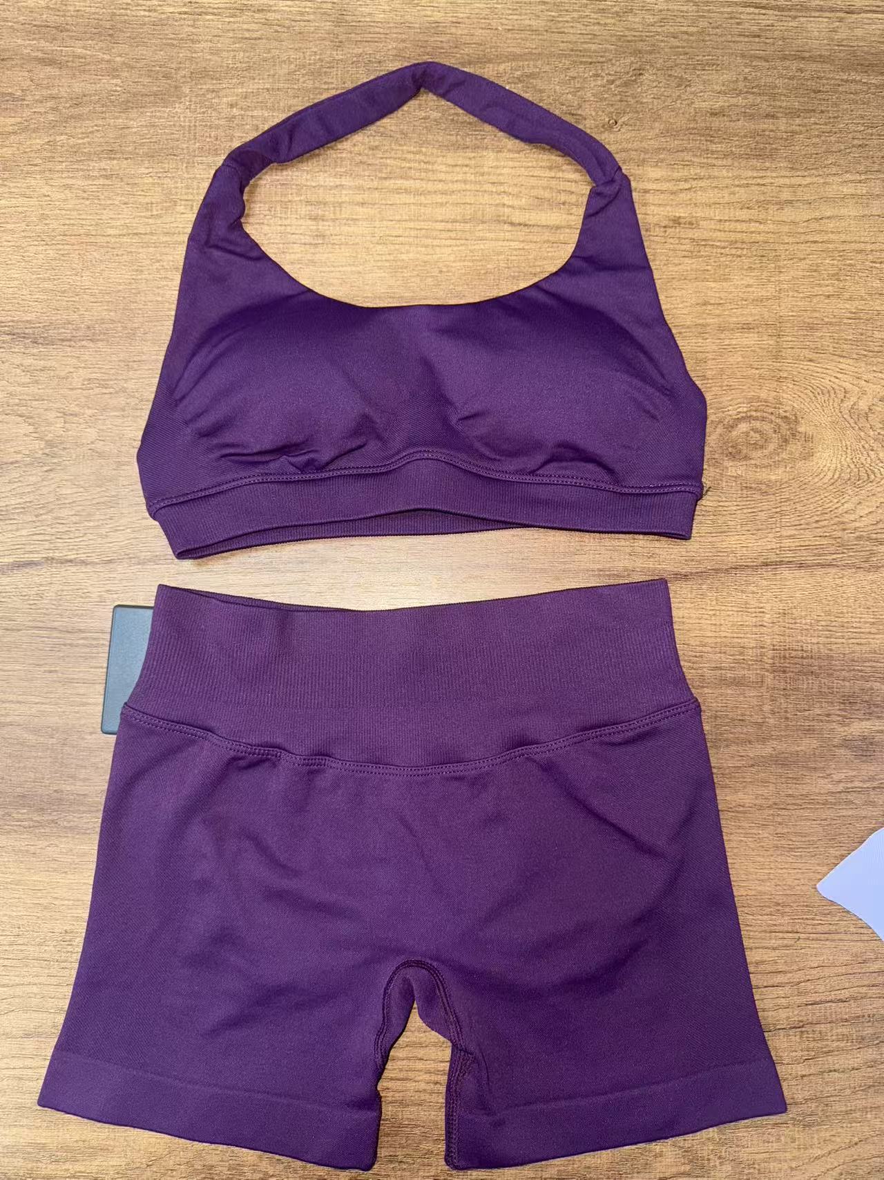 Women Halter Neck High Waist Yoga Tracksuit Slim Fitness Shorts Set 1