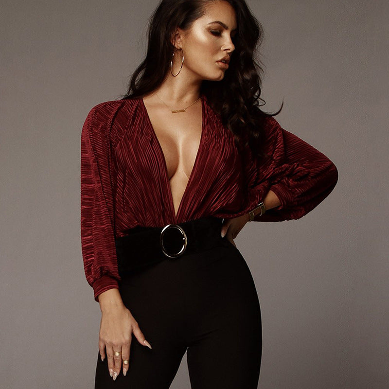 Pleated loose V-neck long sleeve jumpsuit spring and summer 4 colors