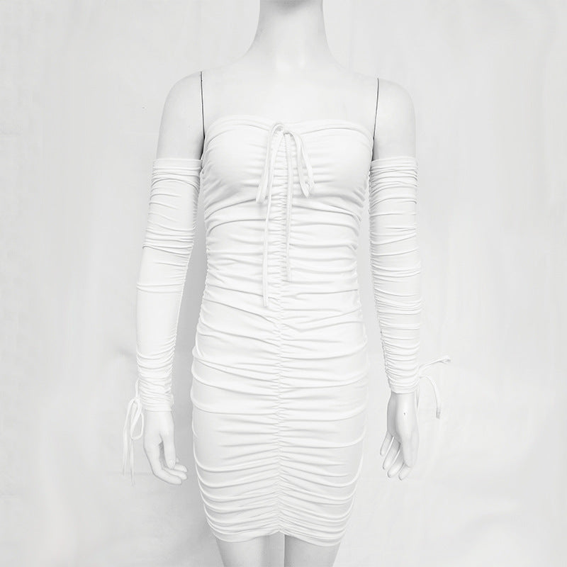 New sexy pleated skirt plain color stitching one word shoulder long sleeve strapless dress  6 colors