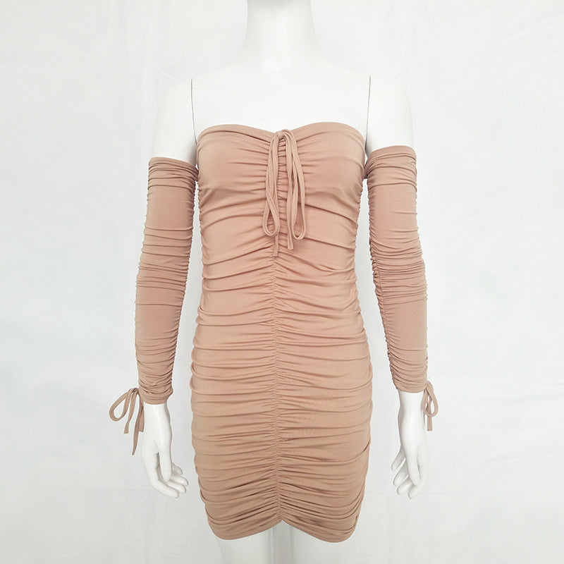 New sexy pleated skirt plain color stitching one word shoulder long sleeve strapless dress  6 colors