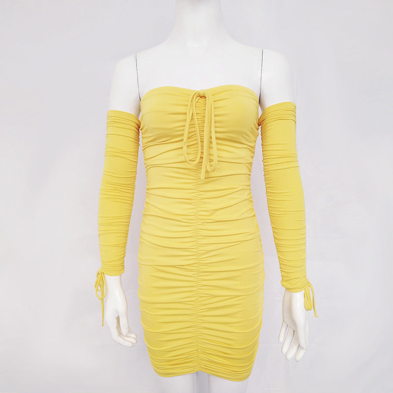 New sexy pleated skirt plain color stitching one word shoulder long sleeve strapless dress  6 colors