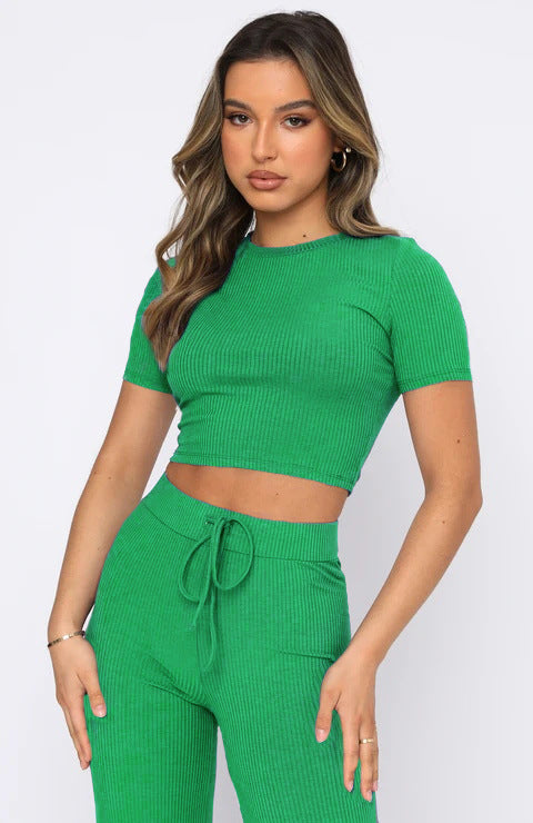 Fashion casual suit women's solid high elastic body shaping short sleeved wide leg pants two sets 5 colors