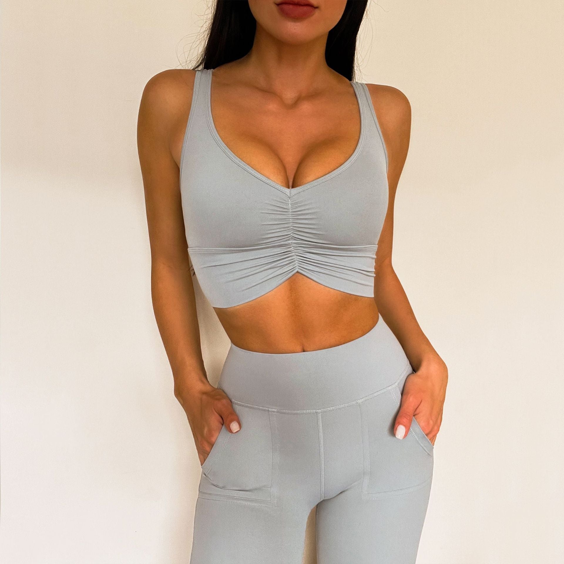 New best gym leggings nylon nude wrinkle bra vest with high yoga leggings high waist yoga set 5 colors