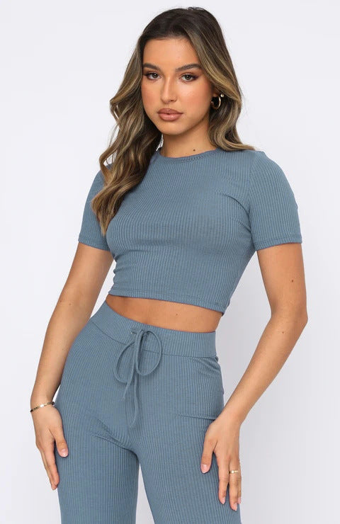 Fashion casual suit women's solid high elastic body shaping short sleeved wide leg pants two sets 5 colors