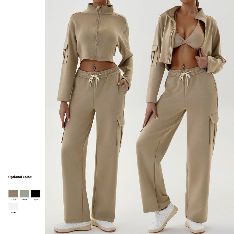 Cargo casual sports set loose with zipper two-piece yoga suit