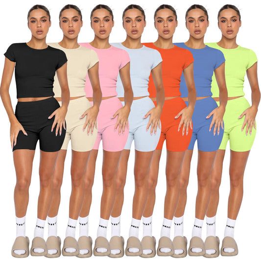 211295 solid color round neck short sleeve shorts set 7colors