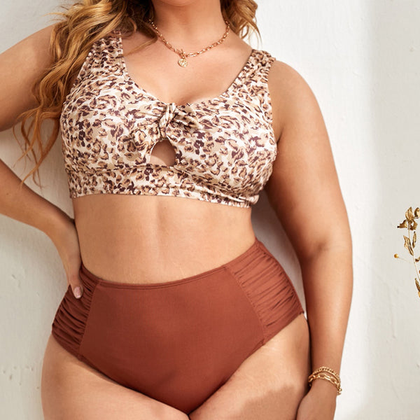 2023 New Tankini Large Size Fat Woman Swimsuit Leopard Print Conservative Swimsuit Women's Split Swimsuit