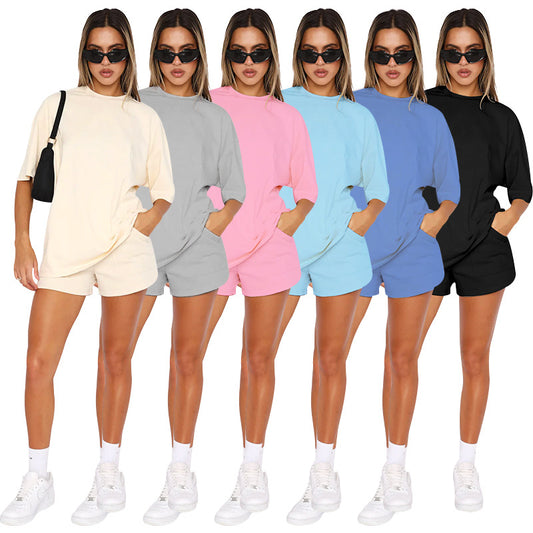 211299 new solid color round neck set with mid-sleeve casual shorts 6colors