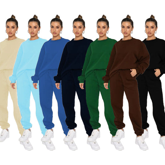 211257 fleece crew-neck pullover long-sleeved hoodie pant set 7colors